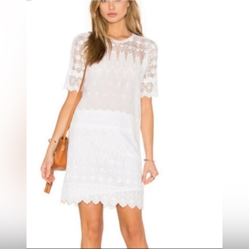Ulla Johnson Viola White Eyelet Embroidered Line Cotton Boho Mini Dress Size 6.
